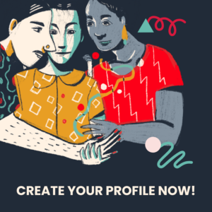 three trans people come together to create magic in the dark. Below them it reads CREATE YOUR PROFILE NOW.