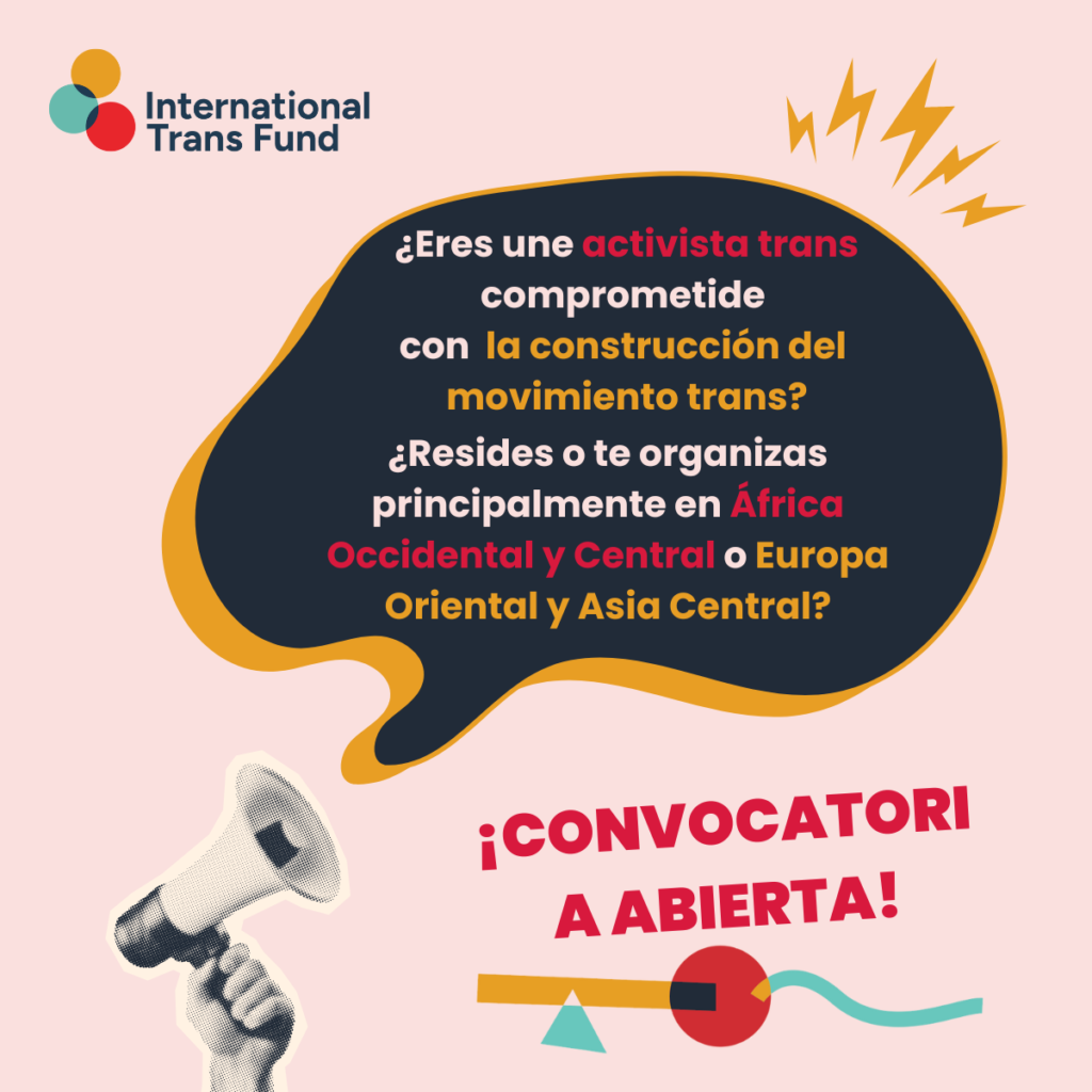 Un megáfono blanco y negro tiene un bocadillo que dice: "¿Eres un activista trans comprometido con la construcción del movimiento trans? ¿Resides o te organizas principalmente en África Occidental y Central o en Europa Oriental y Asia Central?". Alrededor hay elementos geométricos en amarillo, verde azulado, rojo y azul marino oscuro. Se encienden chispas eléctricas en sus bordes.